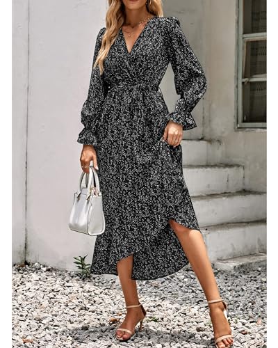BTFBM Womens Casual Long Sleeve Dresses Spring Summer Clothes Wrap V Neck Boho Floral High Waist Ruffle Long Flowy Dress(Floral Black, Small)
