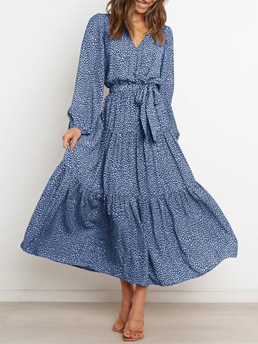 PRETTYGARDEN Womens Long Sleeve Floral Wrap V Neck Ruffle Tiered Maxi Dress Casual Tie Waist Boho Chiffon Flowy Long Dress(Blue,Large)