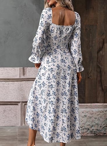 BLENCOT Casual Women's Square Neck Long Sleeve Split Thigh Dress Boho Floral Print A-line Tie Front Midi Dresses White S