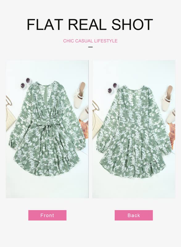 Dokotoo Womens Ladies Casual Summer Birthday Spring Ruffle Elegant Floral Long Sleeve Tie Knot V Neck Cute Chiffon Boho Beach Tunic Swing A Line Mini Short Skater Dresses for Women 2024 Green Large