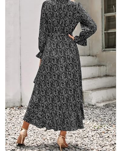 BTFBM Womens Casual Long Sleeve Dresses Spring Summer Clothes Wrap V Neck Boho Floral High Waist Ruffle Long Flowy Dress(Floral Black, Small)