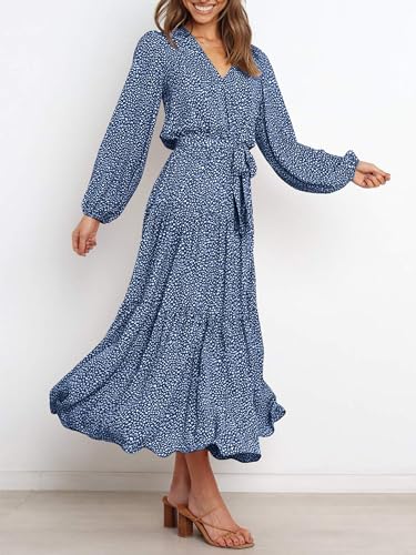 PRETTYGARDEN Womens Long Sleeve Floral Wrap V Neck Ruffle Tiered Maxi Dress Casual Tie Waist Boho Chiffon Flowy Long Dress(Blue,Large)