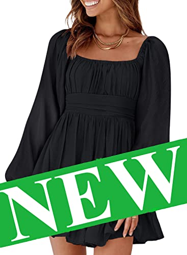 Dokotoo Women's Off The Shoulder Dress Square Neck Tie Back Long Lantern Sleeve Ruffle A-Line Dress Shirred Elastic Waist Mini Dress Black XX-Large