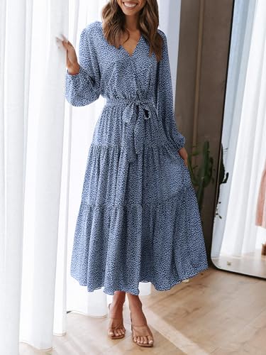 PRETTYGARDEN Womens Long Sleeve Floral Wrap V Neck Ruffle Tiered Maxi Dress Casual Tie Waist Boho Chiffon Flowy Long Dress(Blue,Large)