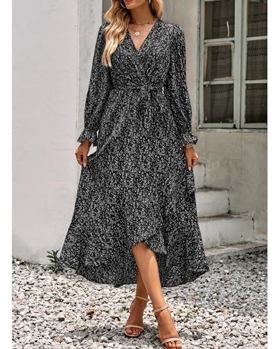 BTFBM Womens Casual Long Sleeve Dresses Spring Summer Clothes Wrap V Neck Boho Floral High Waist Ruffle Long Flowy Dress(Floral Black, Small)