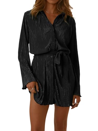 LYANER Women's Collar V Neck Button Down Pleated Long Sleeve Mini Shirt Dress with Belt Black X-Large