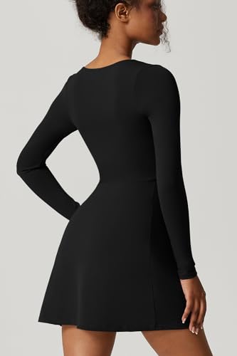 QINSEN Womens Square Neck Double Lined Top Long Sleeve Athleisure Mini Dress Black L