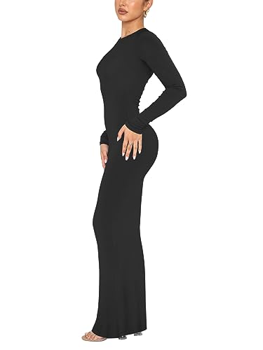 REORIA Women's Sexy Casual Crew Neck Lounge Slimming Long Dress Elegant Wedding Guest Long Sleeve Ribbed Bodycon Maxi Dresses Black Medium