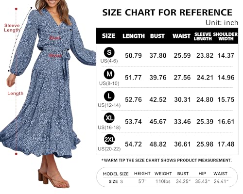 PRETTYGARDEN Womens Long Sleeve Floral Wrap V Neck Ruffle Tiered Maxi Dress Casual Tie Waist Boho Chiffon Flowy Long Dress(Blue,Large)