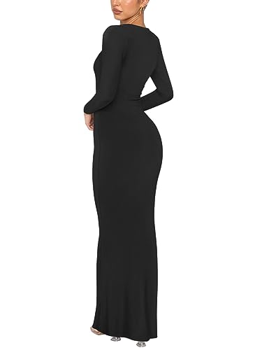REORIA Women's Sexy Casual Crew Neck Lounge Slimming Long Dress Elegant Wedding Guest Long Sleeve Ribbed Bodycon Maxi Dresses Black Medium