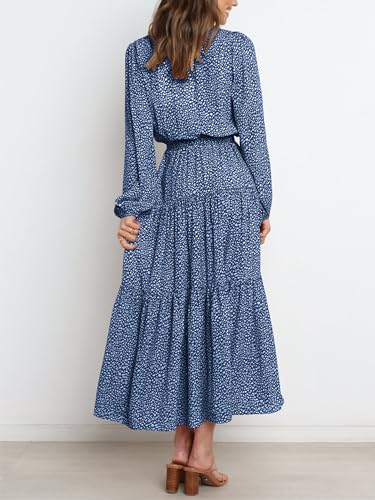 PRETTYGARDEN Womens Long Sleeve Floral Wrap V Neck Ruffle Tiered Maxi Dress Casual Tie Waist Boho Chiffon Flowy Long Dress(Blue,Large)