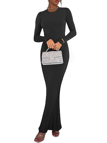 REORIA Women's Sexy Casual Crew Neck Lounge Slimming Long Dress Elegant Wedding Guest Long Sleeve Ribbed Bodycon Maxi Dresses Black Medium