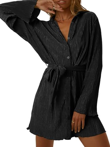 LYANER Women's Collar V Neck Button Down Pleated Long Sleeve Mini Shirt Dress with Belt Black X-Large