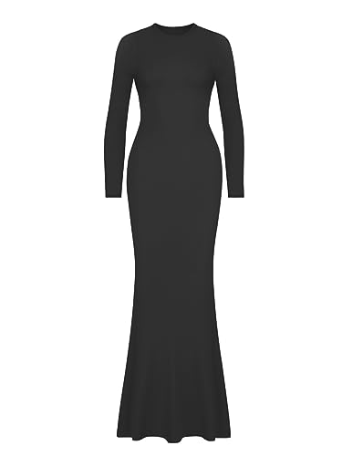 REORIA Women's Sexy Casual Crew Neck Lounge Slimming Long Dress Elegant Wedding Guest Long Sleeve Ribbed Bodycon Maxi Dresses Black Medium