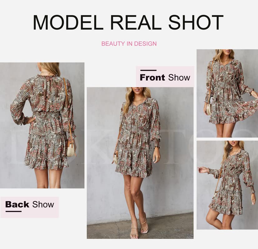 Dokotoo Womens Ladies Spring Dresses Cute Casual Sexy Deep V Neck Ruffle Chiffon Boho Floral Print Lantern Long Sleeve Elegant Empire Waist Flowy Mini Short Skirt Dresses for Women 2024 XL