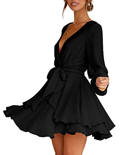 Cosonsen Womens Short Dress Deep V-Neck Long Sleeve Tie Waist Ruffle Swing Dresses Black M