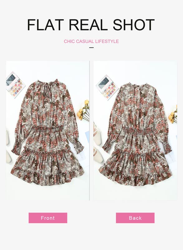 Dokotoo Womens Ladies Spring Dresses Cute Casual Sexy Deep V Neck Ruffle Chiffon Boho Floral Print Lantern Long Sleeve Elegant Empire Waist Flowy Mini Short Skirt Dresses for Women 2024 XL