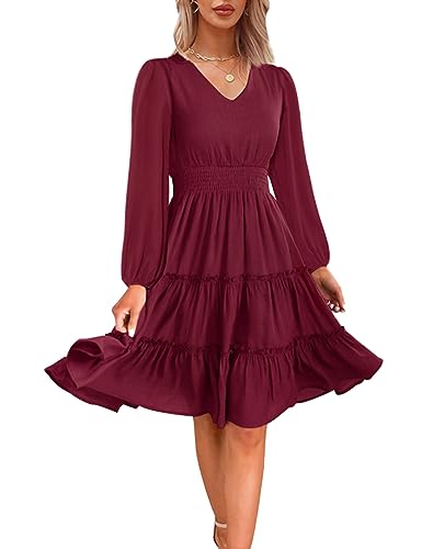 Zattcas Women 2024 Long Sleeve Spring Dresses V Neck Smocked Wasit Casual Flowy A Line Tiered Modest Teacher Work Midi Dress Wine Red L