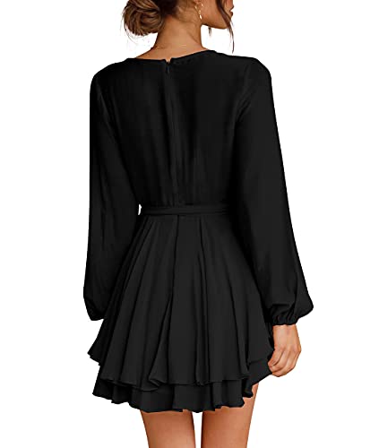 Cosonsen Womens Short Dress Deep V-Neck Long Sleeve Tie Waist Ruffle Swing Dresses Black M