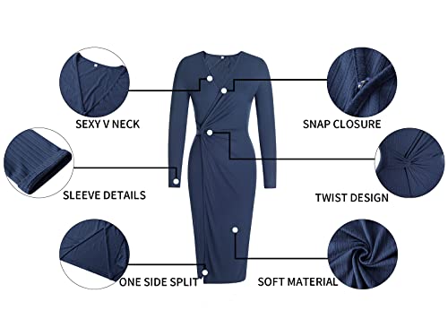 SHIBEVER Winter Dress Women Long Sleeve Dresses Midi Casual V Neck Bodycon Slit Cocktail Party Ribbed Knit Dress with Twist Front Waist Blue S
