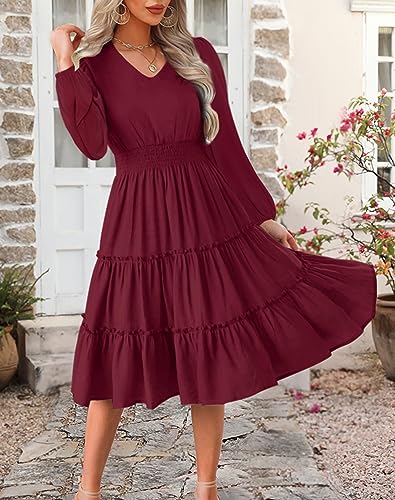 Zattcas Women 2024 Long Sleeve Spring Dresses V Neck Smocked Wasit Casual Flowy A Line Tiered Modest Teacher Work Midi Dress Wine Red L