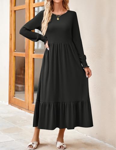ZESICA Women's 2024 Fall Long Sleeve Dress Crewneck Casual Loose Pleated Tiered Swing Midi Dresses with Pockets,Black,Medium