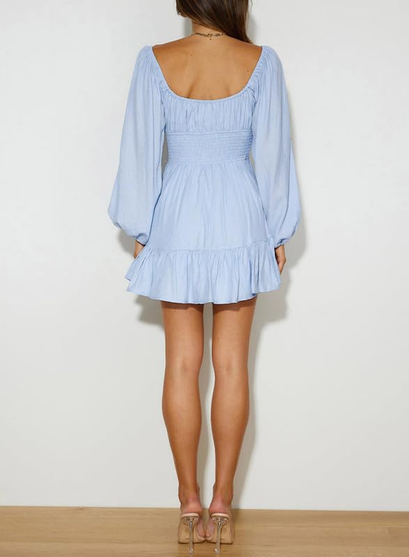 Dokotoo Summer Dresses for Women 2023 Lantern Long Sleeve Ruffle Elastic Waist Blue Dress Casual Ruffle Flowy A Line Short Mini Dresses for Wedding Guest Small