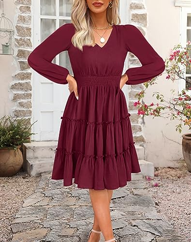 Zattcas Women 2024 Long Sleeve Spring Dresses V Neck Smocked Wasit Casual Flowy A Line Tiered Modest Teacher Work Midi Dress Wine Red L