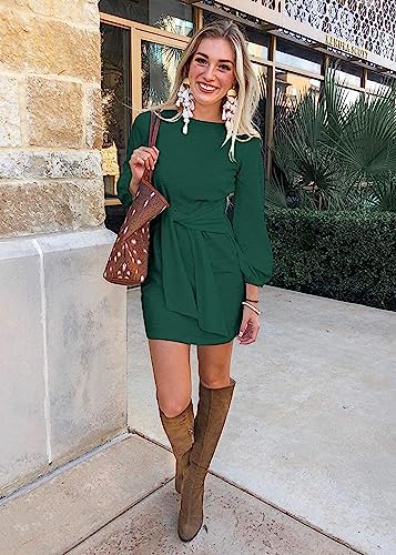 PRETTYGARDEN Women's Elegant Long Lantern Sleeve Short Dress Crewneck Tie Waist Knit Cocktail Dress (Dark Green,Large)