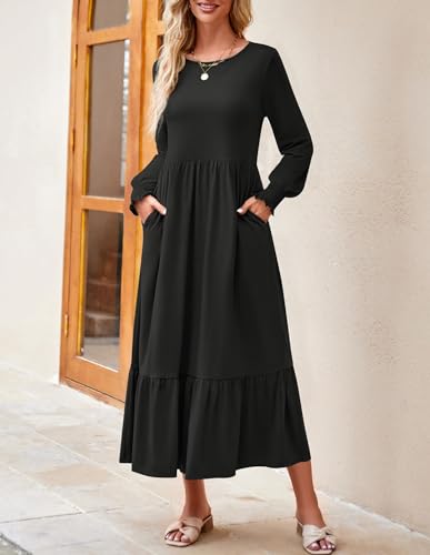 ZESICA Women's 2024 Fall Long Sleeve Dress Crewneck Casual Loose Pleated Tiered Swing Midi Dresses with Pockets,Black,Medium