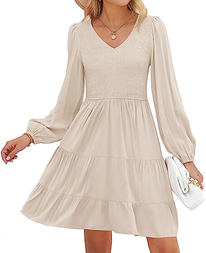 ZESICA Women's Casual V Neck Long Sleeve Smocked High Waist Ruffle A Line Tiered Mini Dress,Beige,Small