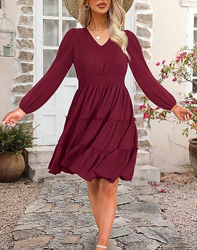 Zattcas Women 2024 Long Sleeve Spring Dresses V Neck Smocked Wasit Casual Flowy A Line Tiered Modest Teacher Work Midi Dress Wine Red L