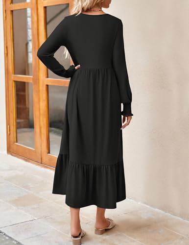 ZESICA Women's 2024 Fall Long Sleeve Dress Crewneck Casual Loose Pleated Tiered Swing Midi Dresses with Pockets,Black,Medium