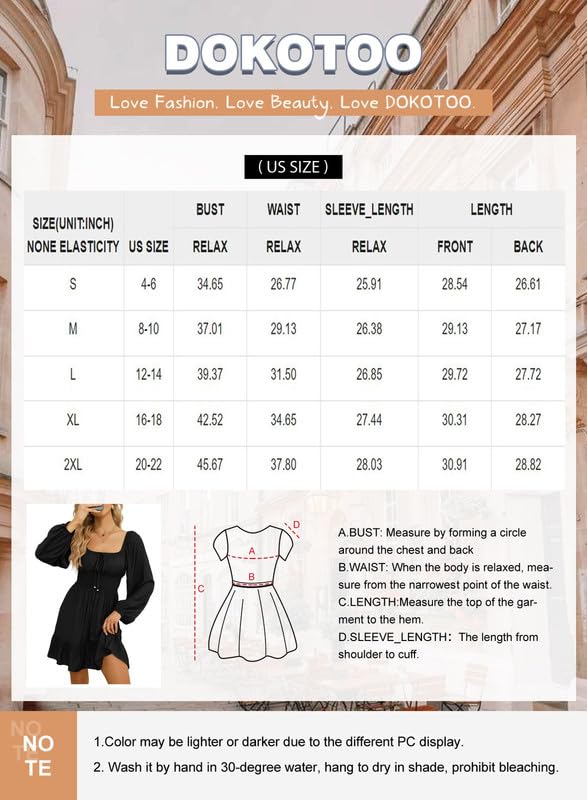 Dokotoo Summer Dresses for Women 2023 Lantern Long Sleeve Ruffle Elastic Waist Blue Dress Casual Ruffle Flowy A Line Short Mini Dresses for Wedding Guest Small