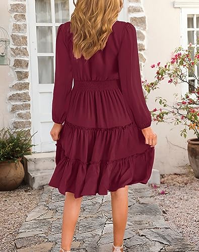 Zattcas Women 2024 Long Sleeve Spring Dresses V Neck Smocked Wasit Casual Flowy A Line Tiered Modest Teacher Work Midi Dress Wine Red L