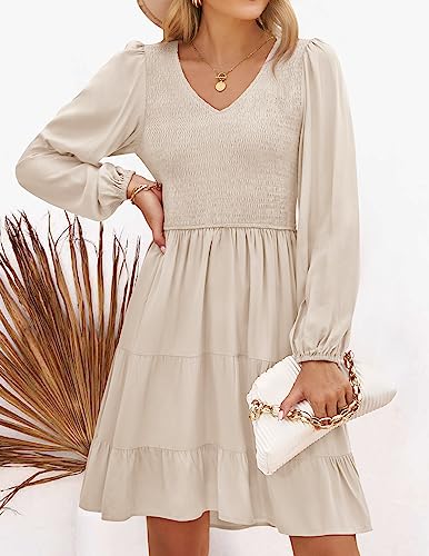 ZESICA Women's Casual V Neck Long Sleeve Smocked High Waist Ruffle A Line Tiered Mini Dress,Beige,Small