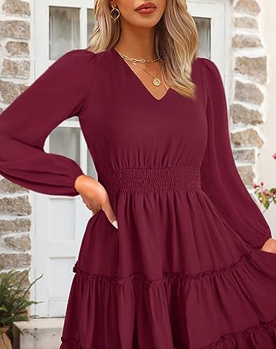Zattcas Women 2024 Long Sleeve Spring Dresses V Neck Smocked Wasit Casual Flowy A Line Tiered Modest Teacher Work Midi Dress Wine Red L