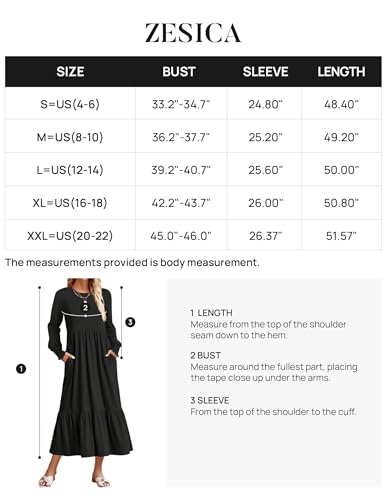 ZESICA Women's 2024 Fall Long Sleeve Dress Crewneck Casual Loose Pleated Tiered Swing Midi Dresses with Pockets,Black,Medium