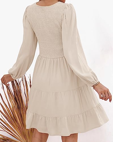 ZESICA Women's Casual V Neck Long Sleeve Smocked High Waist Ruffle A Line Tiered Mini Dress,Beige,Small