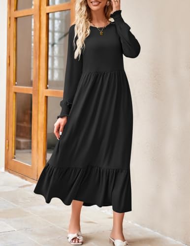 ZESICA Women's 2024 Fall Long Sleeve Dress Crewneck Casual Loose Pleated Tiered Swing Midi Dresses with Pockets,Black,Medium