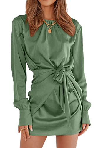 PRETTYGARDEN Women's Spring Satin Dress Long Sleeve Tie Waist Elegant Cocktail Party Mini Fall Dresses(Army Green,Medium)
