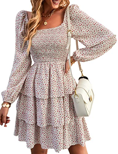 BTFBM Women's Long Sleeve Dresses Summer Spring Square Neck Smocked Floral Wedding Party Ruffle Casual Vacation Dress(Floral White Red, Small)