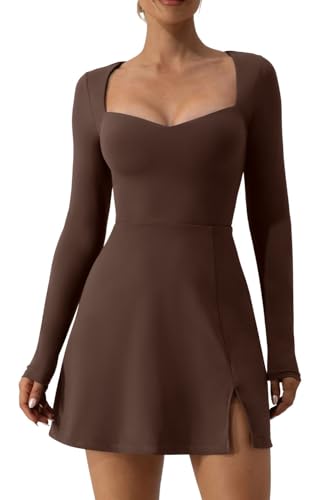 QINSEN Women's Sweetheart Neckline Short Length Mini Dress Long Sleeve Fall Winter Dres Cinnamon M