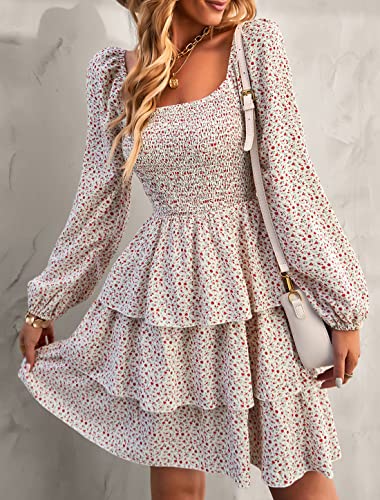 BTFBM Women's Long Sleeve Dresses Summer Spring Square Neck Smocked Floral Wedding Party Ruffle Casual Vacation Dress(Floral White Red, Small)