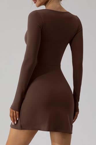 QINSEN Women's Sweetheart Neckline Short Length Mini Dress Long Sleeve Fall Winter Dres Cinnamon M