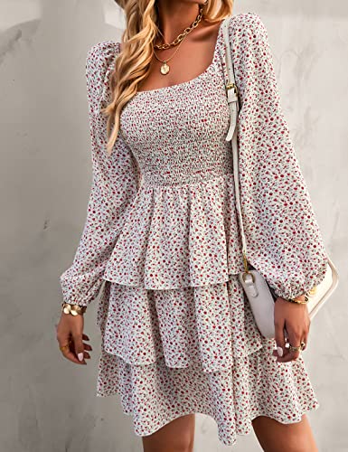 BTFBM Women's Long Sleeve Dresses Summer Spring Square Neck Smocked Floral Wedding Party Ruffle Casual Vacation Dress(Floral White Red, Small)