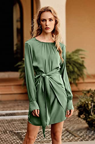 PRETTYGARDEN Women's Spring Satin Dress Long Sleeve Tie Waist Elegant Cocktail Party Mini Fall Dresses(Army Green,Medium)