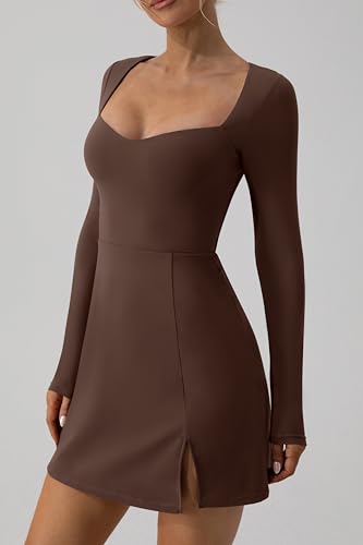 QINSEN Women's Sweetheart Neckline Short Length Mini Dress Long Sleeve Fall Winter Dres Cinnamon M