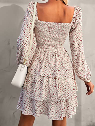BTFBM Women's Long Sleeve Dresses Summer Spring Square Neck Smocked Floral Wedding Party Ruffle Casual Vacation Dress(Floral White Red, Small)