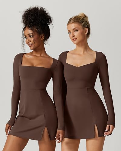 QINSEN Women's Sweetheart Neckline Short Length Mini Dress Long Sleeve Fall Winter Dres Cinnamon M